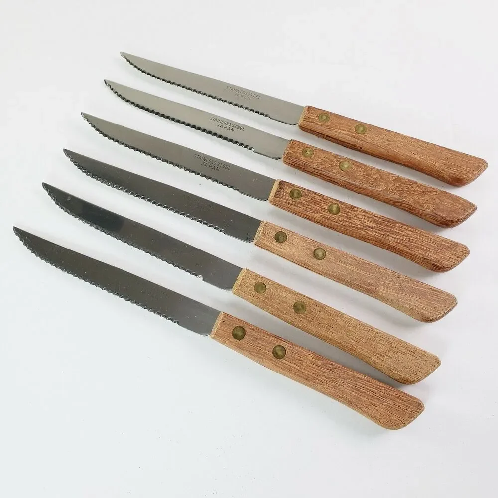 Vtg Champion 6 Pc Steak Knives Serrated Wood Riveted Handles Kitchen Utensils